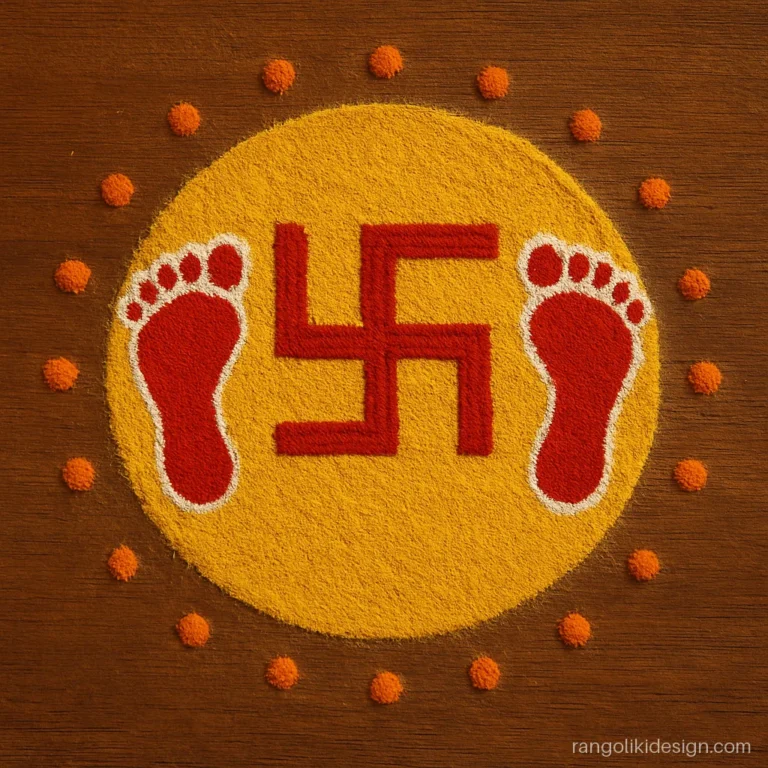 Nice rangoli designs with Laxmi charan and a swastik for Diwali