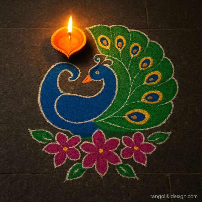 Very beautiful rangoli design of a peacock holding a diya for Diwali