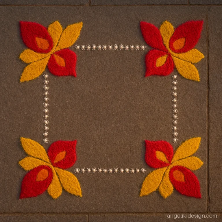 Pretty rangoli designs for Diwali with matching corner flowers and diyas
