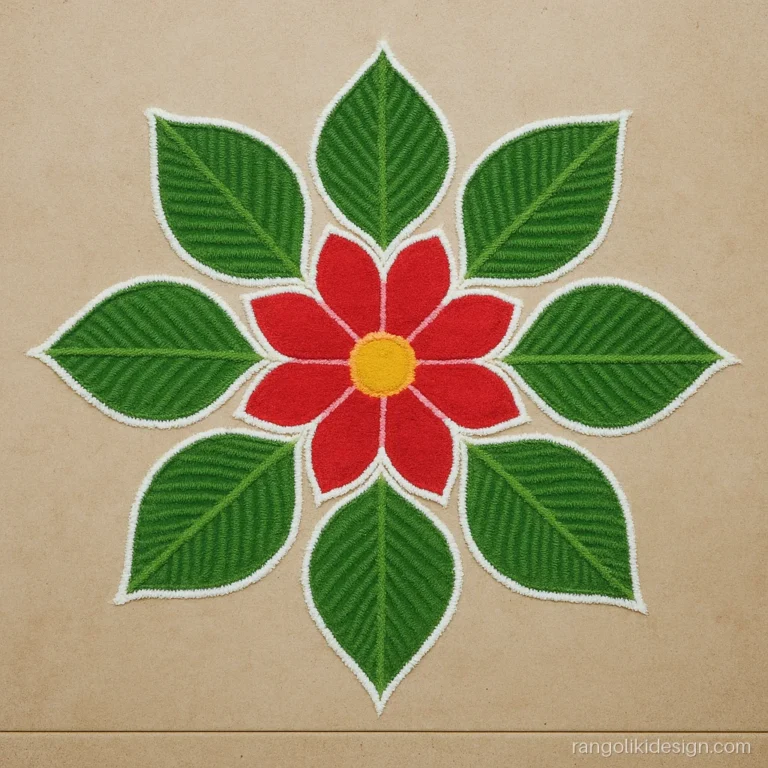 Rangoli designs easy and beautiful with comb textured leaves around a flower