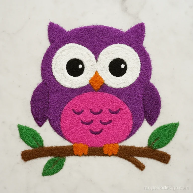 Cute rangoli designs simple style with a round owl on a branch