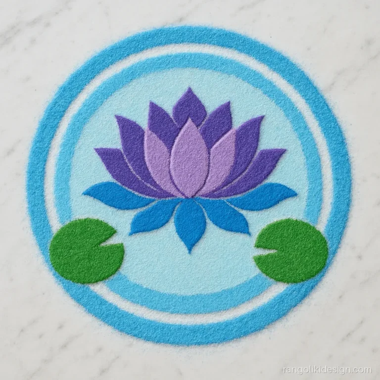 Simple and beautiful rangoli designs with a blue lotus on pond ripples