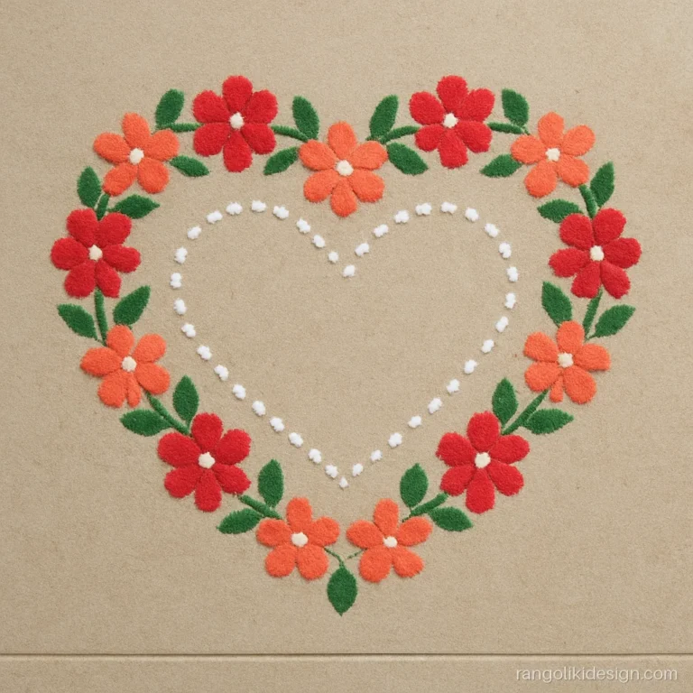 Cute rangoli design with a wreath of small flowers in a heart shape