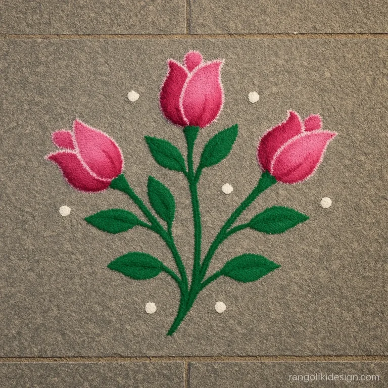 Beautiful simple rangoli design with three pink rose buds and green leaves