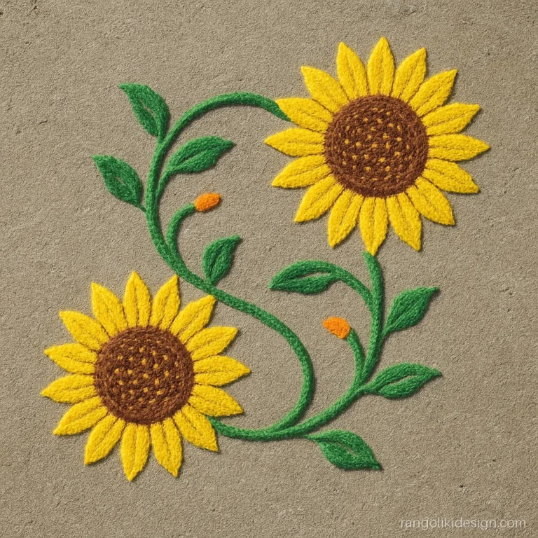 Simple beautiful rangoli designs with two sunflowers and a curling vine