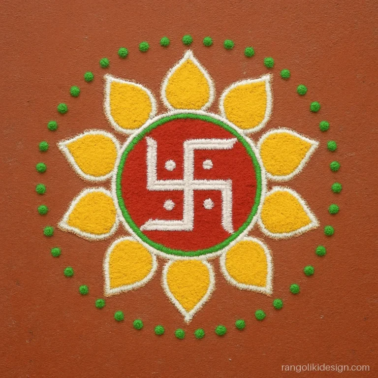 Beautiful simple rangoli design with a red swastik and yellow petals