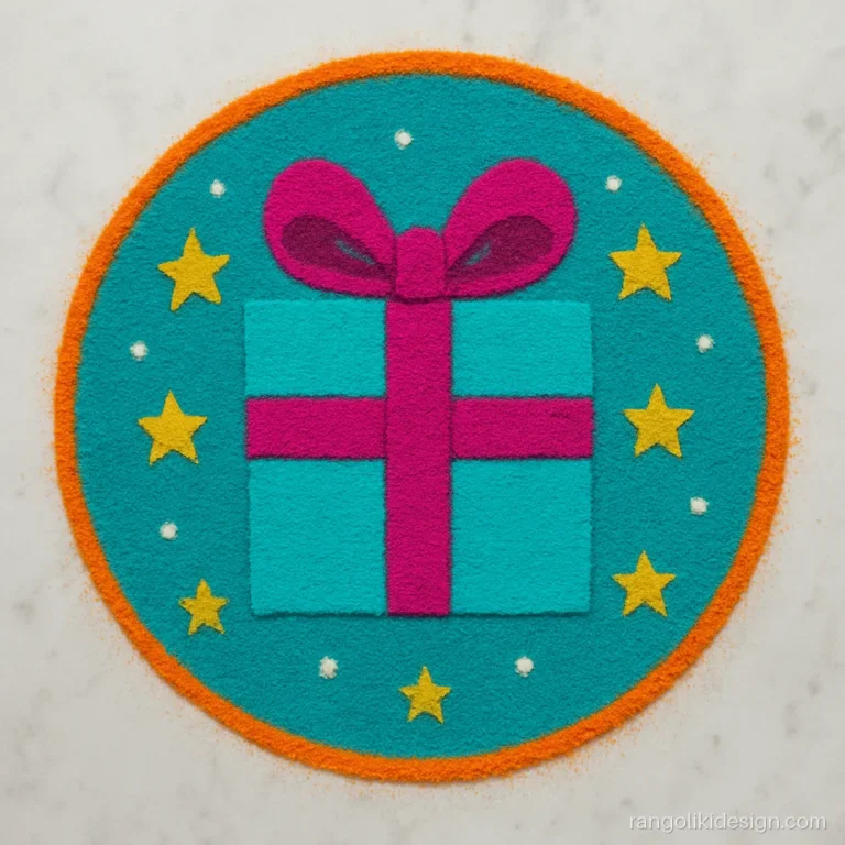 Easy bhai dooj rangoli of a cartoon gift box with a big bow and stars