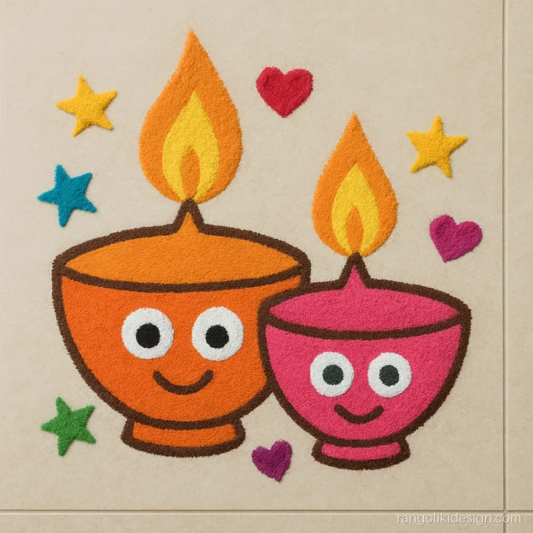 Cartoon bhai dooj rangoli of two smiling diyas with big eyes side by side