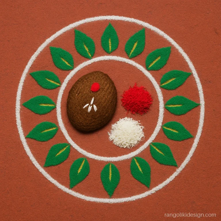 Simple bhai dooj rangoli design with a coconut, roli and rice for tilak