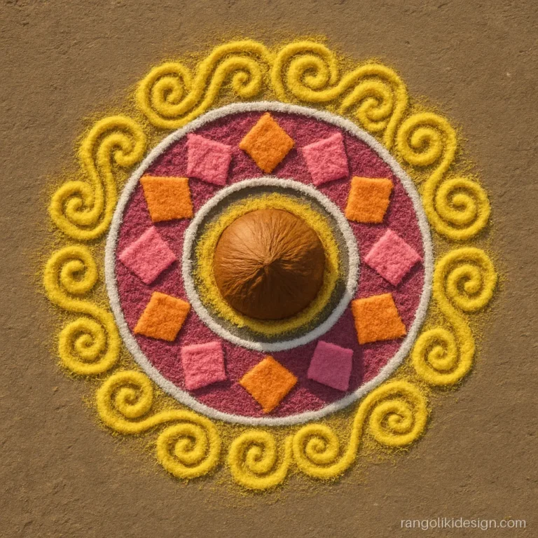 Rangoli designs for Bhai Dooj with a round mandala of sweets and coconut