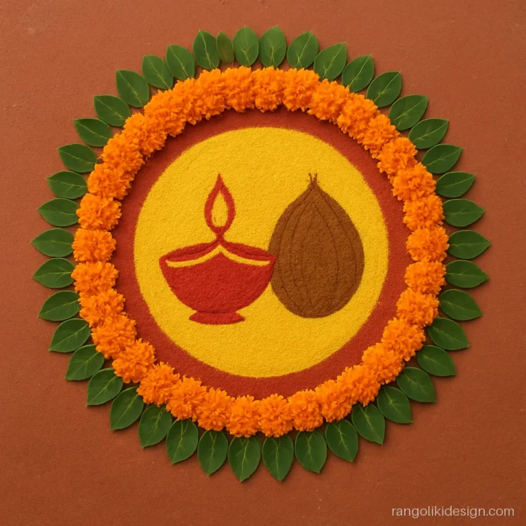 Easy rangoli designs for Bhai Dooj with thali inside a marigold petal ring