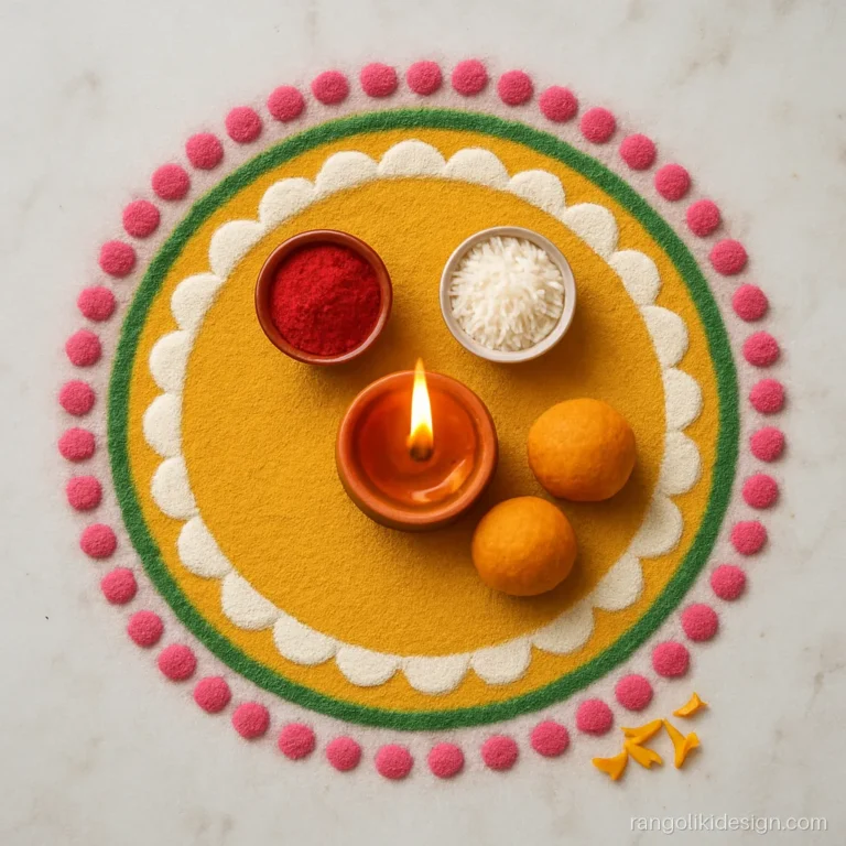Bhai dooj rangoli design of a tilak thali with diya, kumkum bowl and sweets