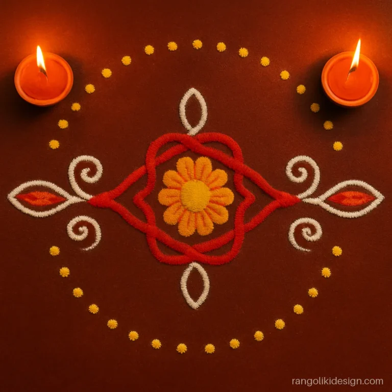 Bhaubeej rangoli design with a rakhi style knot between two lit diyas