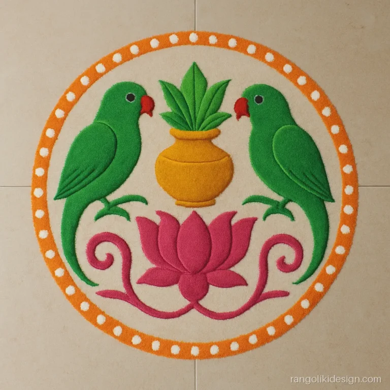 Bhaubeej rangoli designs for Diwali with two green parrots and a small kalash