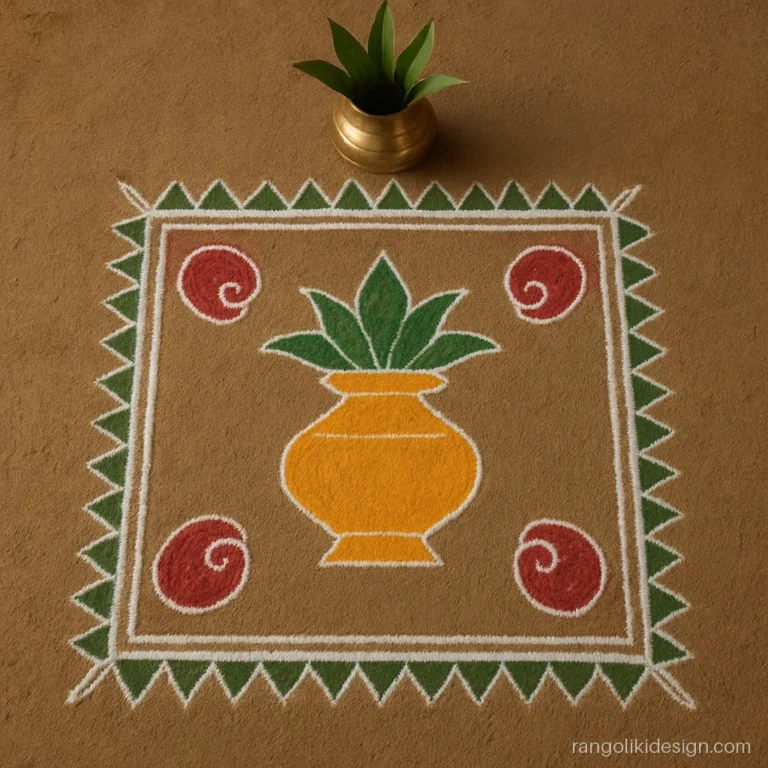 Big rangoli design with a brass kalash motif in a square chowk for the aangan