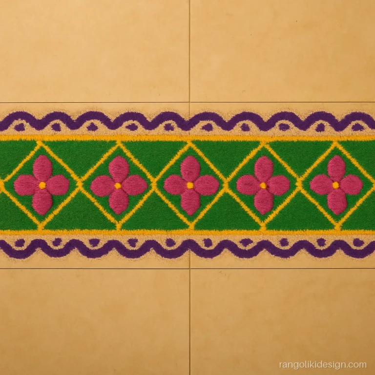 Big rangoli designs with colours in a long rectangular panel for an apartment corridor