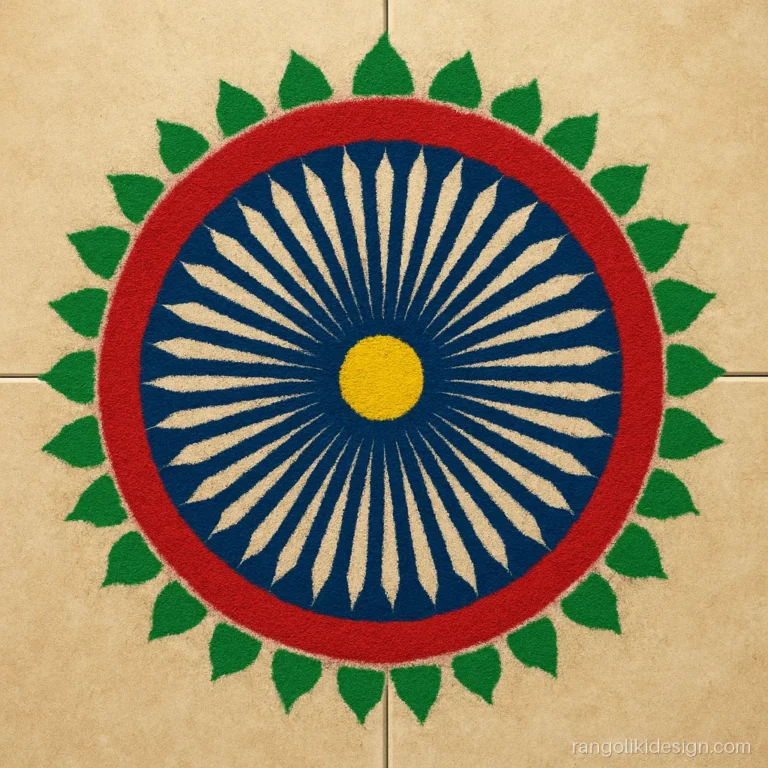 Large rangoli designs with a chakra wheel of blue spokes and a red rim