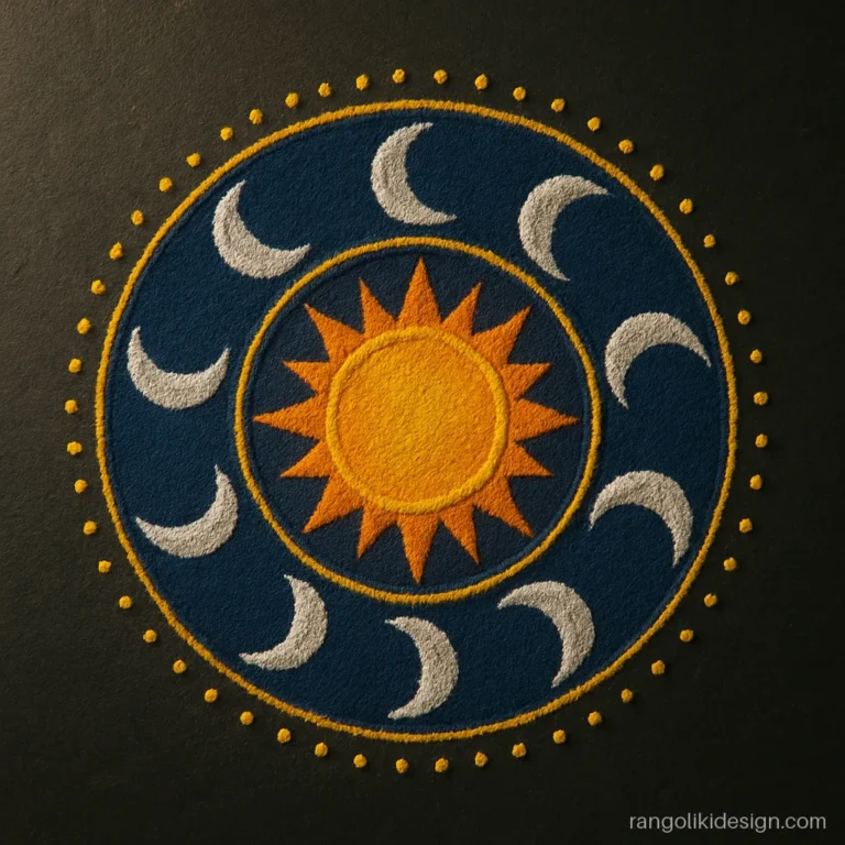 Big circular rangoli design with crescent moon shapes and dots around a yellow sun