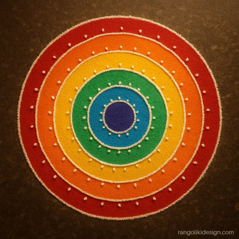 Beautiful big rangoli design with eight concentric circle rings in rainbow colours