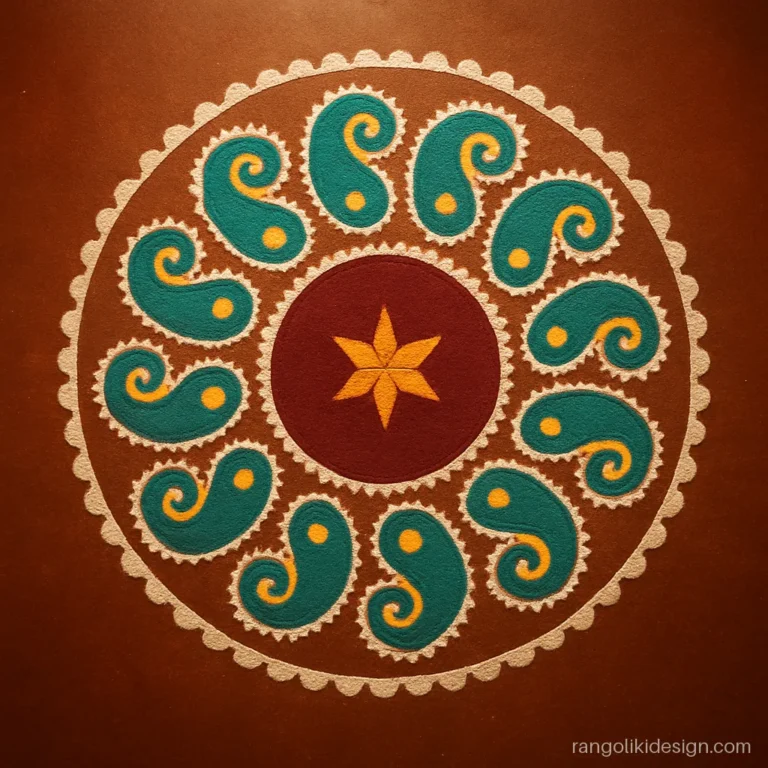 Big rangoli designs in a circle with a ring of twelve swirling paisleys