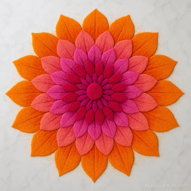 Big round rangoli with layered pink and orange petals like an open flower