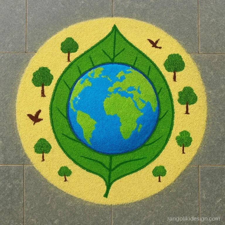 Very big rangoli designs with a green earth theme inside a leaf frame