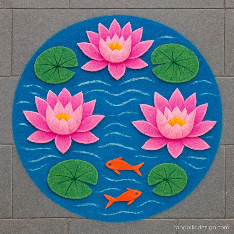 Big rangoli design for competition with shaded lotus flowers and a pond