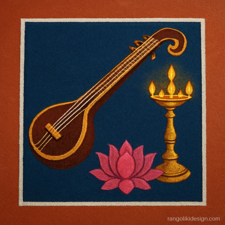 Huge rangoli design with a veena and a tall brass lamp for a school contest