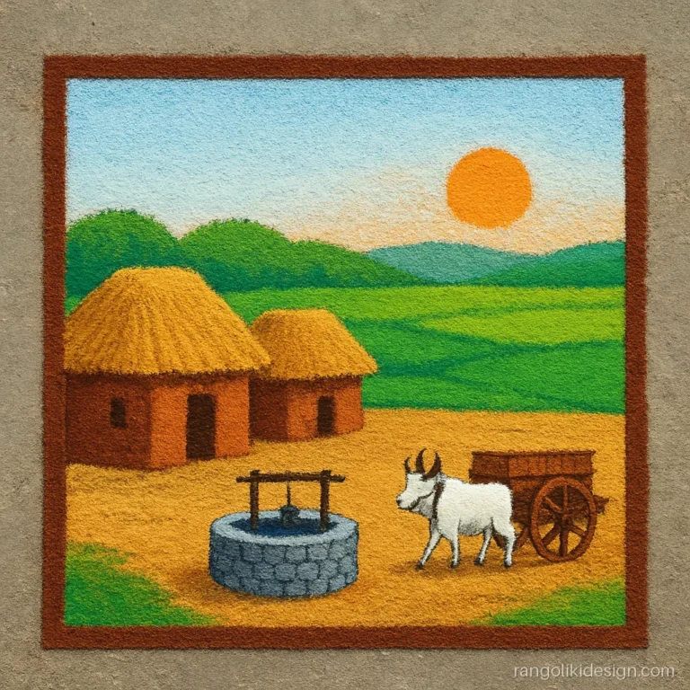 Big competition rangoli with a shaded village scene of huts, a well and fields