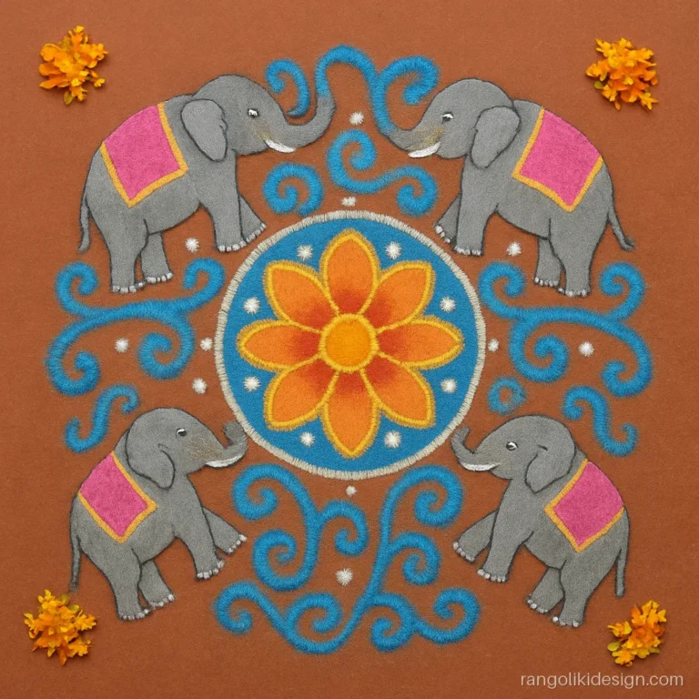 Creative attractive big rangoli design with four elephants facing a central flower in a courtyard