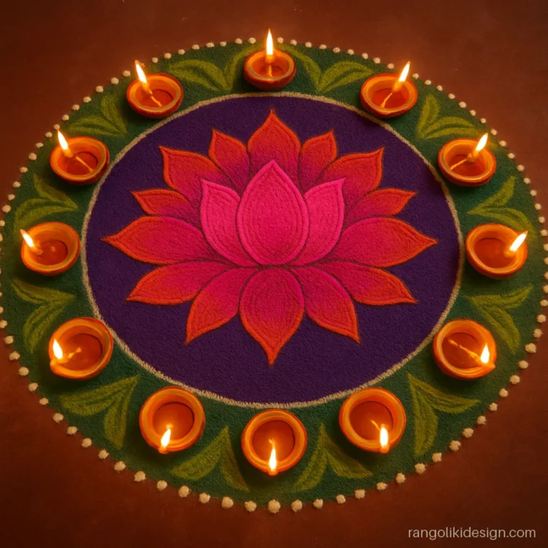 Big Diwali rangoli design with a ring of drawn diyas around a lotus centre