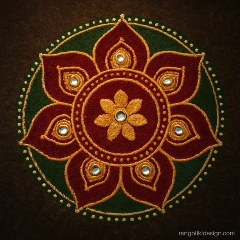 Beautiful big rangoli designs for Diwali with mirror-like kundan dots on a mandala