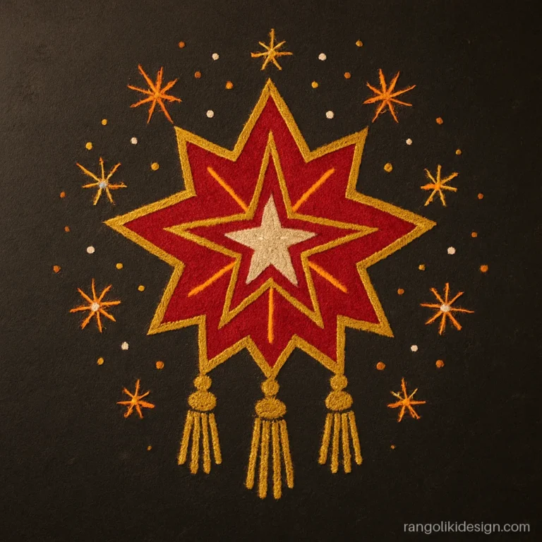 Attractive big rangoli for Diwali with a star lantern burst in gold and red