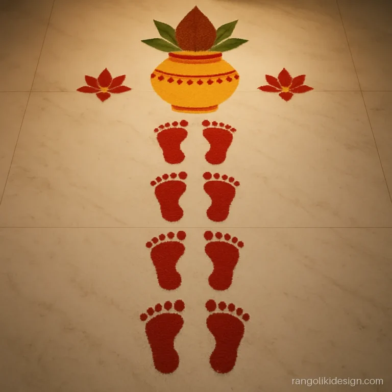 Big rangoli designs for Diwali with Laxmi charan footprints leading to a kalash