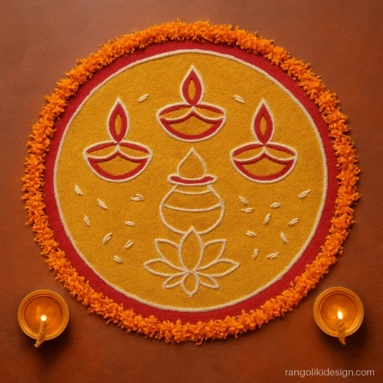 Creative big Diwali rangoli design with a decorated pooja thali and diyas