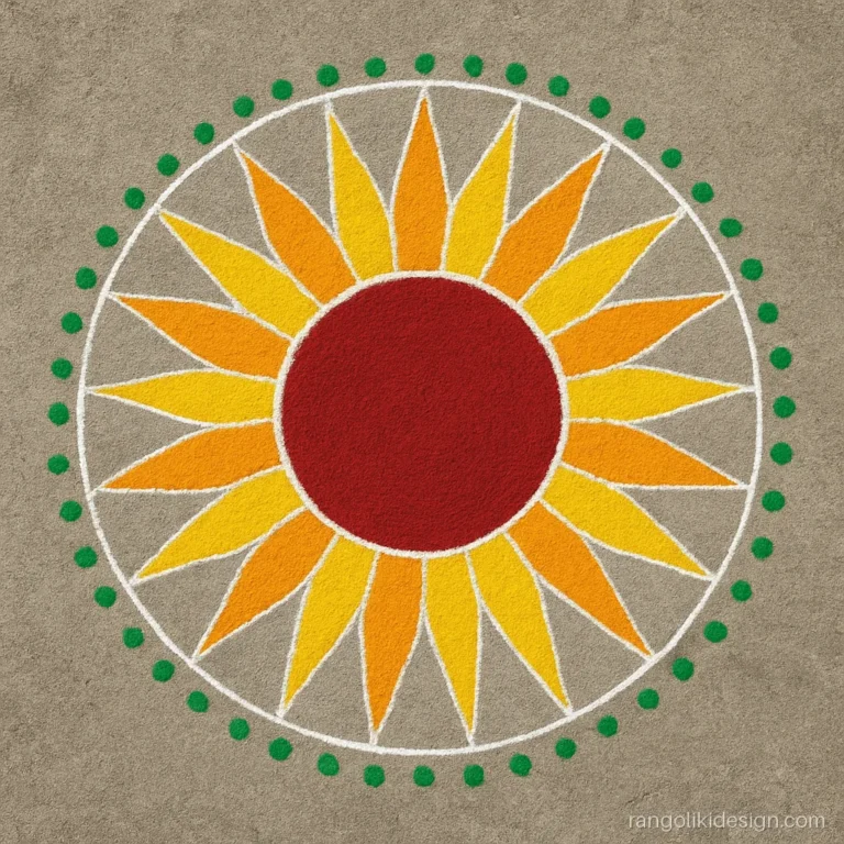 Large rangoli design with a sun wheel at a society gate entrance on cement