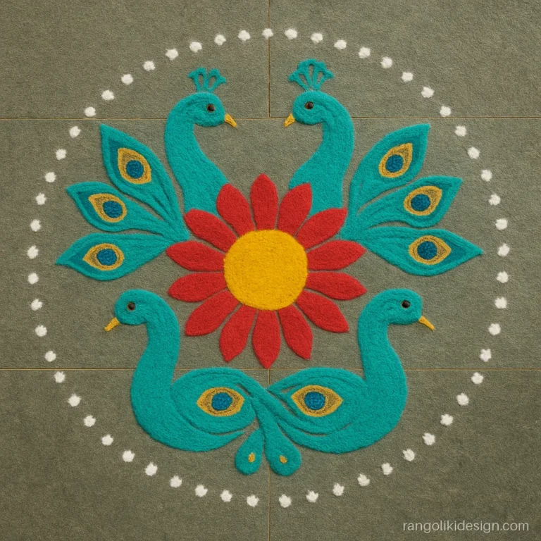 Big rangoli designs with four peacock heads around a central round flower