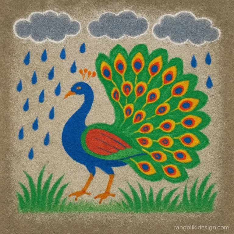 Big rangoli with a dancing peacock under blue rain drops and clouds