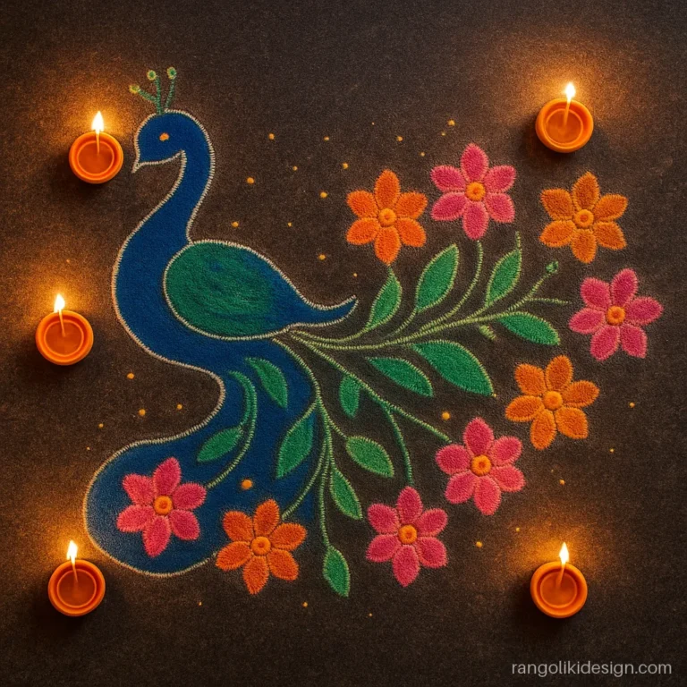 Beautiful big rangoli design with a peacock whose tail is made of flower petals
