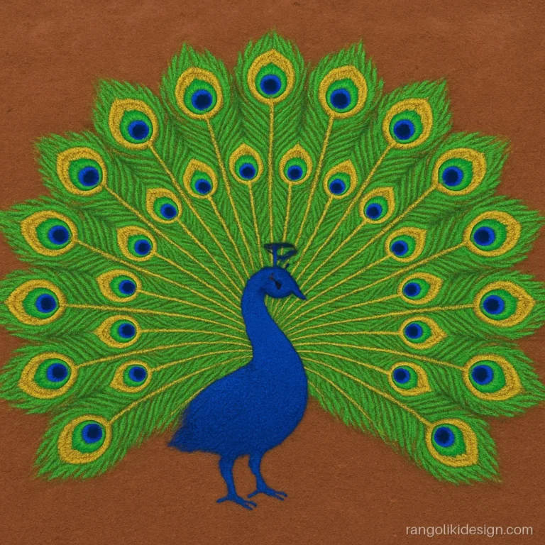 Big peacock rangoli with a full fan tail of blue and green feathers