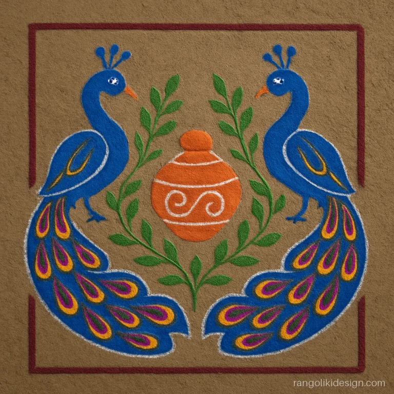 Large rangoli design with two peacocks facing a decorated water pot