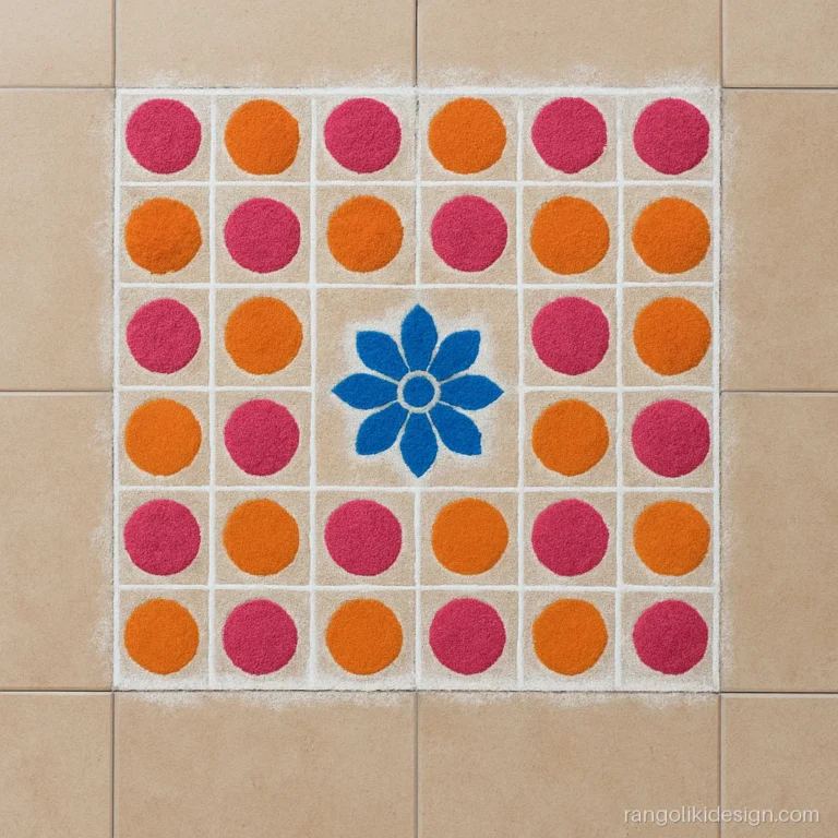 Easy big rangoli designs with bangle-stamped circles in a grid pattern