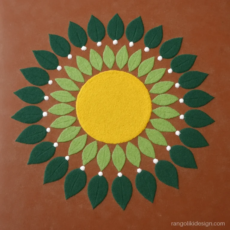 Simple big rangoli design with a ring of green leaves and a yellow centre