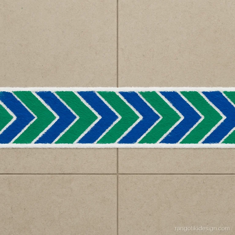 Line rangoli design with green and blue chevrons for a balcony edge