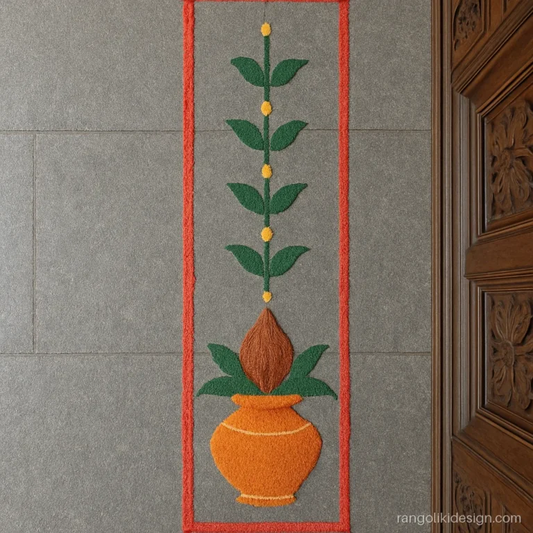 Side rangoli design with a small kalash and mango leaves beside the main door