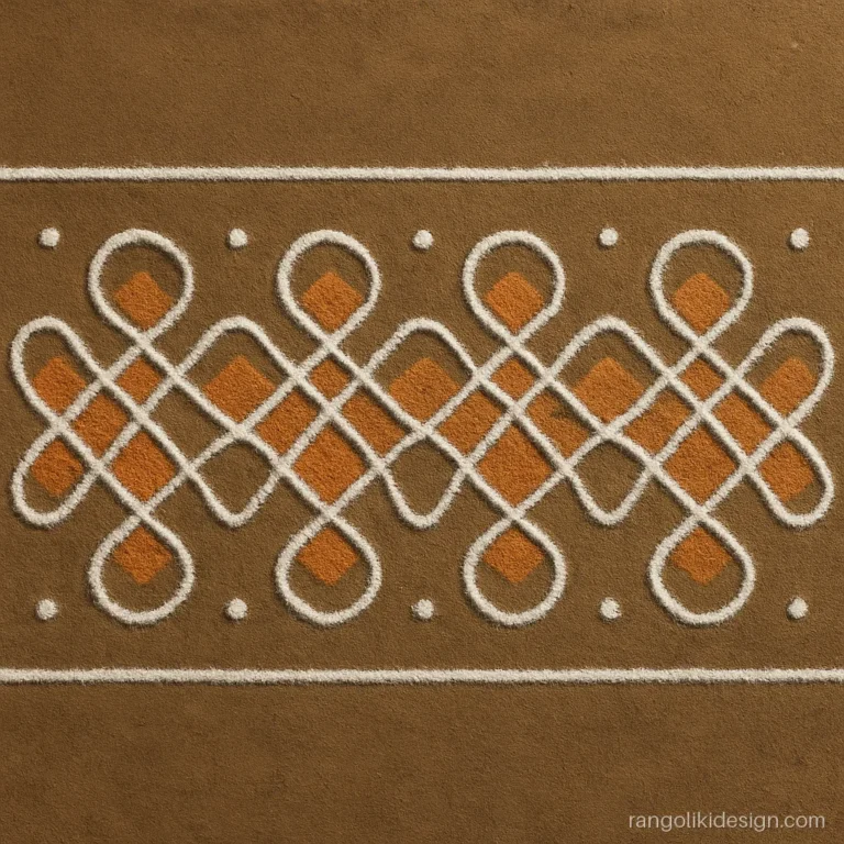Simple rangoli border design with dots in three rows joined into a chain