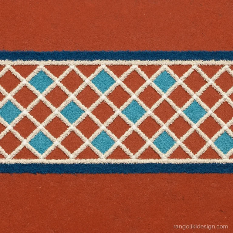 Rangoli border design with dots forming a blue and white diamond lattice