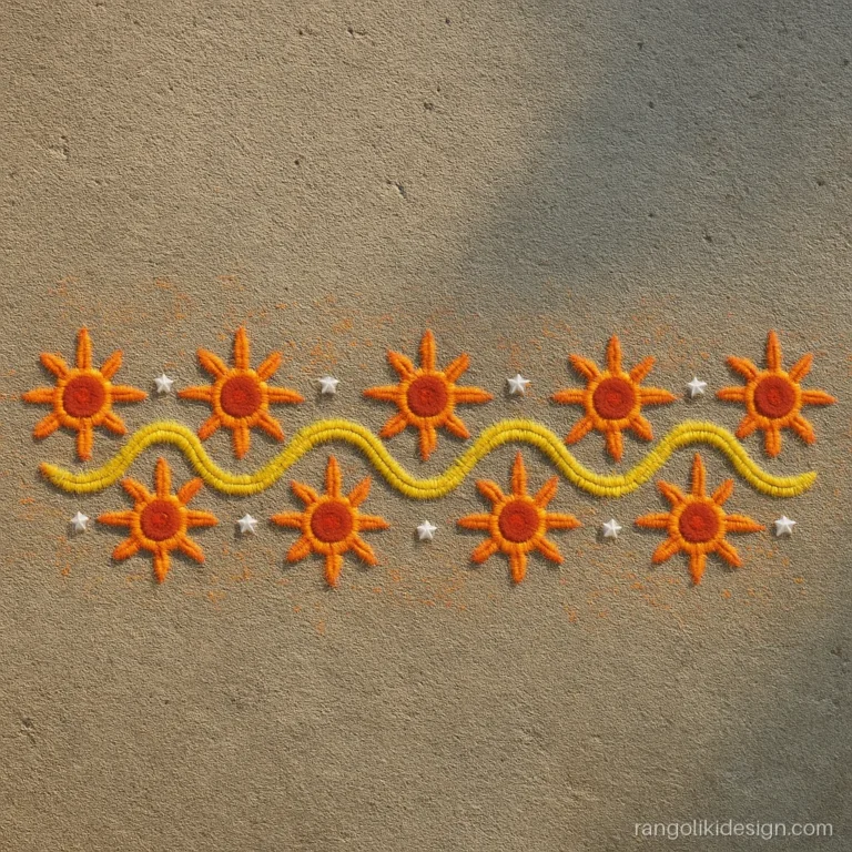 Dot border rangoli design with small suns linked by a yellow wave line