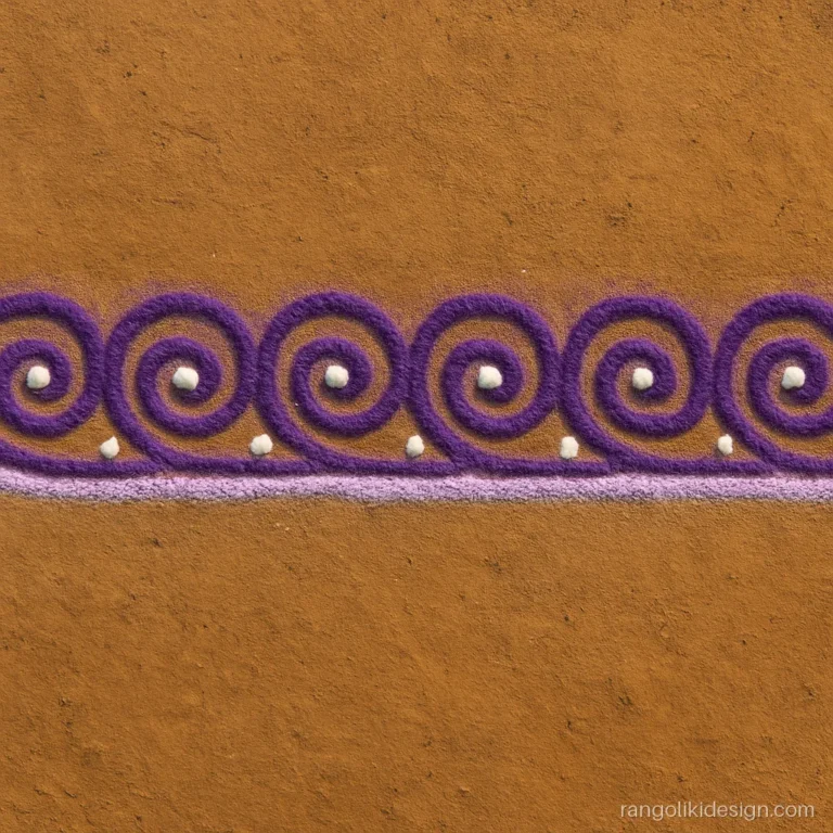 Easy free hand border rangoli design with purple swirls and white dots