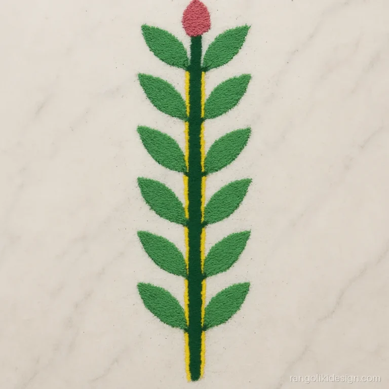 Easy border rangoli side design with a green leaf vine and pink buds